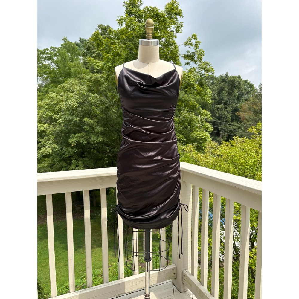 LEAU NWT Cabo Dress Small Black Ruched Cowl Neck Satin Bodycon Cocktail Chic